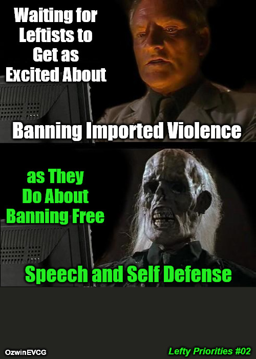 [NV] LP2 [NV] | Waiting for 

Leftists to 

Get as 

Excited About; Banning Imported Violence; as They 

Do About 

Banning Free; Speech and Self Defense; Lefty Priorities #02; OzwinEVCG | image tagged in just wait here,liberal logic,immigration,life with leftists,censorship,self-defense | made w/ Imgflip meme maker