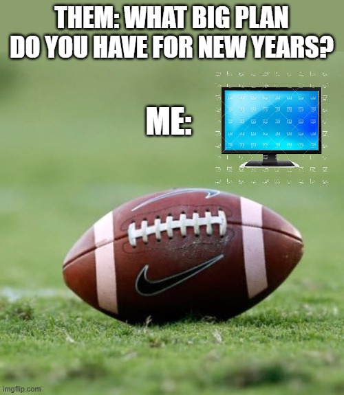 New Year's Plans | THEM: WHAT BIG PLAN DO YOU HAVE FOR NEW YEARS? ME: | image tagged in new year's eve,new year's day,american football | made w/ Imgflip meme maker