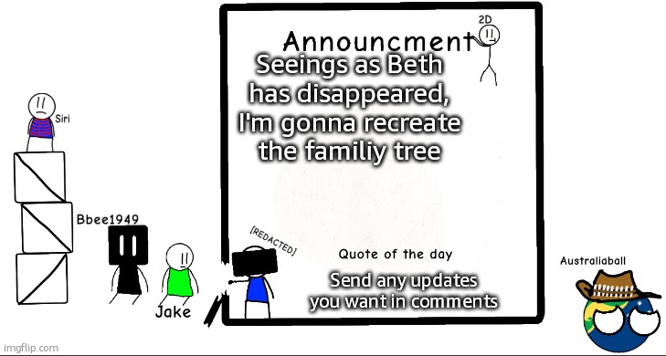 I wanna keep the original structure but have the updates | Seeings as Beth has disappeared, I'm gonna recreate the familiy tree; Send any updates you want in comments | image tagged in bbee1949 ann temp 2 | made w/ Imgflip meme maker