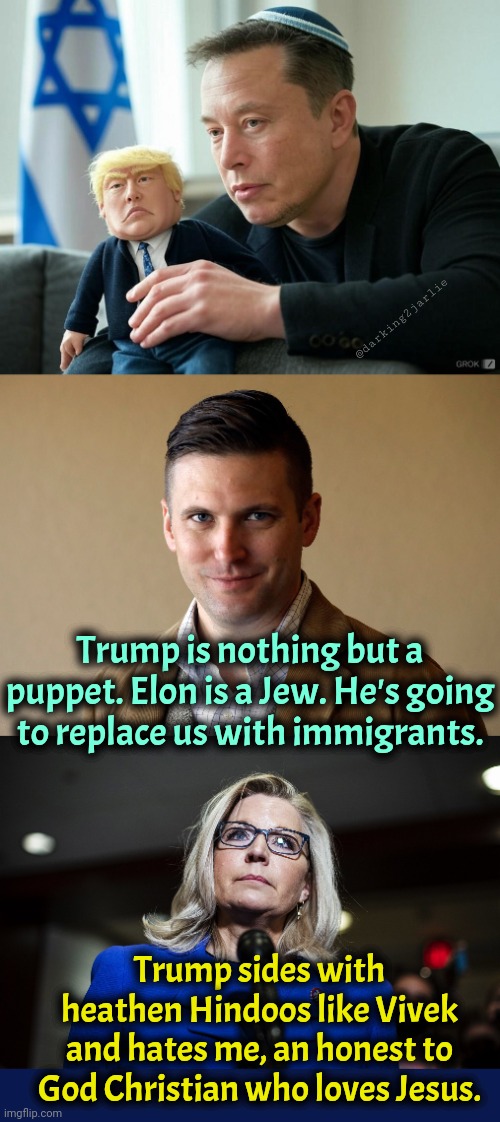 Traitor Trump hates America! | @darking2jarlie; Trump is nothing but a puppet. Elon is a Jew. He's going to replace us with immigrants. Trump sides with heathen Hindoos like Vivek and hates me, an honest to God Christian who loves Jesus. | image tagged in liz cheney,elon musk,satire,white nationalism,trump,donald trump | made w/ Imgflip meme maker