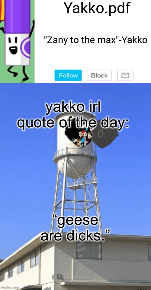 Yakko temp | yakko irl quote of the day:; “geese are dicks.” | image tagged in yakko temp | made w/ Imgflip meme maker