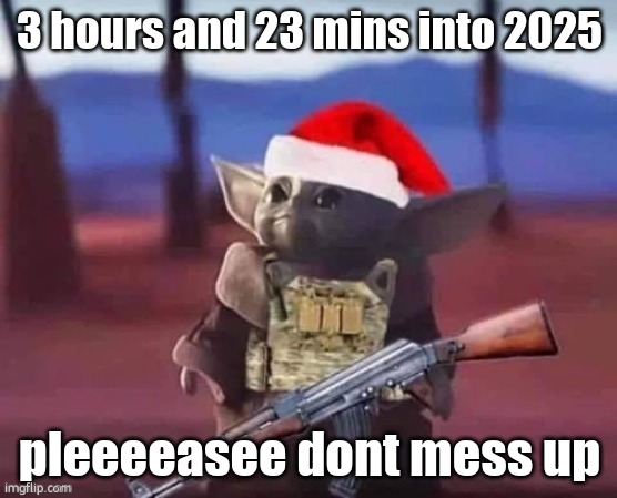 talking to myself | 3 hours and 23 mins into 2025; pleeeeasee dont mess up | image tagged in baby yoda but armed | made w/ Imgflip meme maker