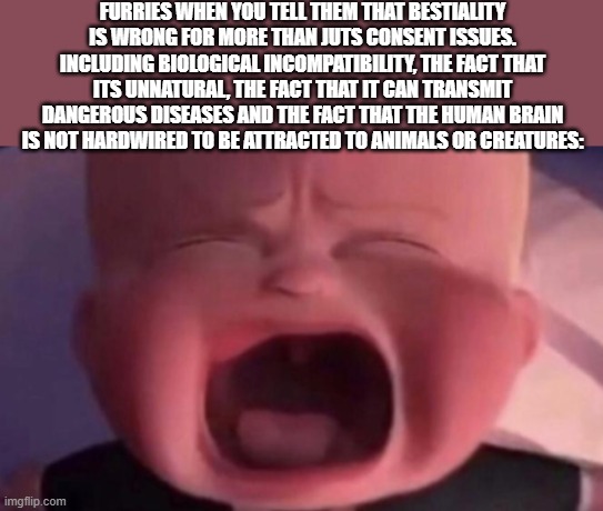 Enough with the ''but muh consent'' excuse: | FURRIES WHEN YOU TELL THEM THAT BESTIALITY IS WRONG FOR MORE THAN JUTS CONSENT ISSUES. INCLUDING BIOLOGICAL INCOMPATIBILITY, THE FACT THAT ITS UNNATURAL, THE FACT THAT IT CAN TRANSMIT DANGEROUS DISEASES AND THE FACT THAT THE HUMAN BRAIN IS NOT HARDWIRED TO BE ATTRACTED TO ANIMALS OR CREATURES: | image tagged in boss baby crying,anti furry,based,facts | made w/ Imgflip meme maker