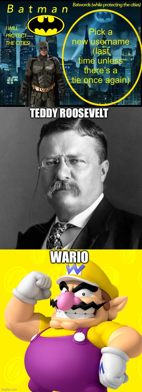 If you’re seeing this comment because nobody’s commenting (ik nobody really cares for now) | Pick a new username (last time unless there’s a tie once again); TEDDY ROOSEVELT; WARIO | image tagged in batman announcement template 2 | made w/ Imgflip meme maker