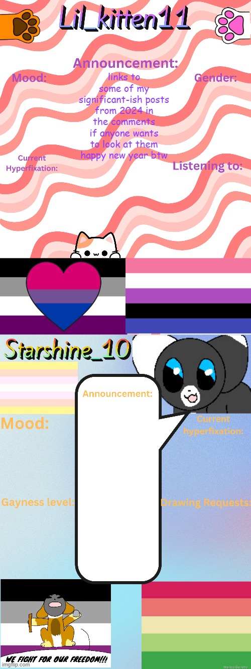 Lil_kitten11 and Starshine_10 updated temp | links to some of my significant-ish posts from 2024 in the comments if anyone wants to look at them
happy new year btw | image tagged in lil_kitten11 and starshine_10 updated temp | made w/ Imgflip meme maker