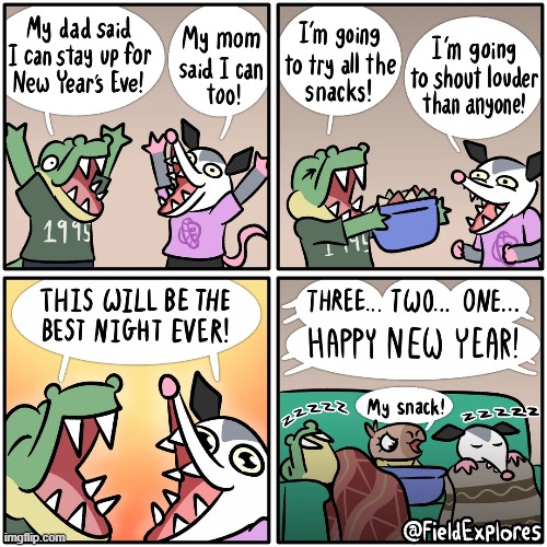 image tagged in alligator,possum,new year's eve,snacks,sleeping,happy new year | made w/ Imgflip meme maker