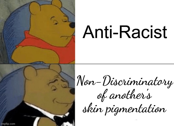 Tuxedo Winnie The Pooh Meme | Anti-Racist Non-Discriminatory of another's skin pigmentation | image tagged in memes,tuxedo winnie the pooh | made w/ Imgflip meme maker