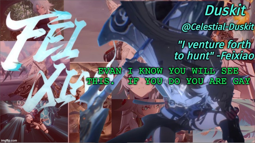 If you don’t understand this isn’t for you | EVAN I KNOW YOU WILL SEE THIS.  IF YOU DO YOU ARE GAY | image tagged in duskit's feixiao template | made w/ Imgflip meme maker