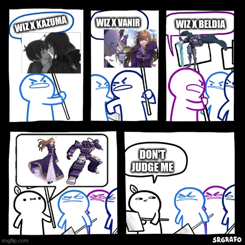 Shipping Wiz with Kazuma, Vanir, or Beldia; Nah I do Wiz x Shockwave | WIZ X VANIR; WIZ X BELDIA; WIZ X KAZUMA; DON'T JUDGE ME | image tagged in don't judge me,konosuba,transformers g1,transformers,shipping,shockwave | made w/ Imgflip meme maker