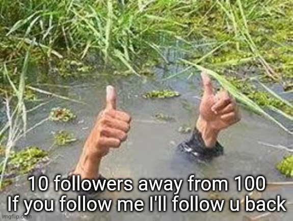 FLOODING THUMBS UP | 10 followers away from 100
If you follow me I'll follow u back | image tagged in flooding thumbs up | made w/ Imgflip meme maker