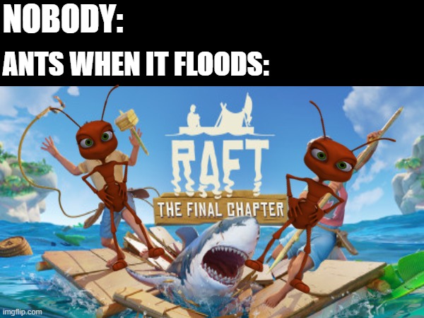 Ants When It Floods | NOBODY:; ANTS WHEN IT FLOODS: | image tagged in survival,flood,ants,gaming,animal | made w/ Imgflip meme maker