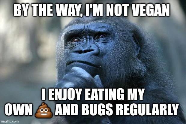 Deep Thoughts | BY THE WAY, I'M NOT VEGAN; I ENJOY EATING MY OWN 💩 AND BUGS REGULARLY | image tagged in deep thoughts | made w/ Imgflip meme maker