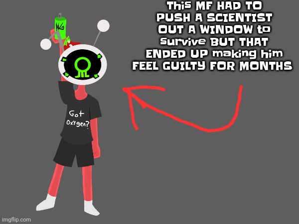 Hemoglitch was tryna escape a science lab but he had to kill some scientists in the process (lore dump) | This MF HAD TO PUSH A SCIENTIST OUT A WINDOW to survive BUT THAT ENDED UP making him FEEL GUILTY FOR MONTHS | made w/ Imgflip meme maker