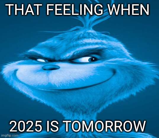 it's in 15 minutes for me | THAT FEELING WHEN; 2025 IS TOMORROW | image tagged in blue grinch,2025,the grinch,new years,christmas,legends of tomorrow | made w/ Imgflip meme maker