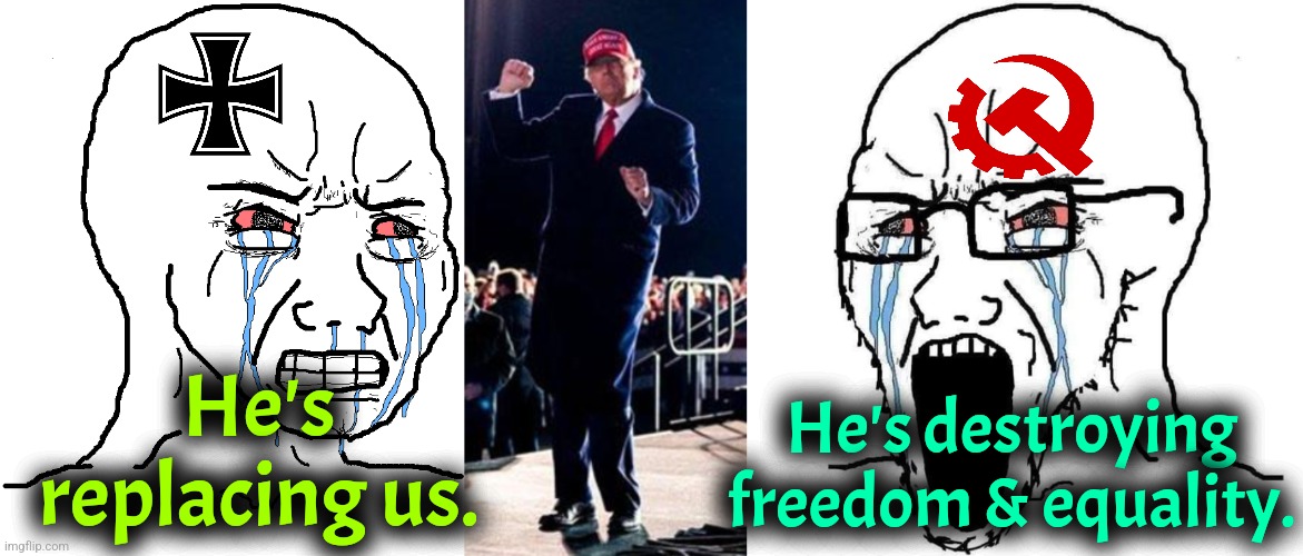 Poor comrades, 2025 gonna be a bad year for racists. | He's replacing us. He's destroying freedom & equality. | image tagged in donald trump,trump,nazis,communism,america,socialism | made w/ Imgflip meme maker