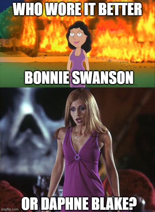 Who Wore It Better Wednesday #243 - Purple dresses | WHO WORE IT BETTER; BONNIE SWANSON; OR DAPHNE BLAKE? | image tagged in memes,who wore it better,family guy,scooby doo,fox,warner bros | made w/ Imgflip meme maker