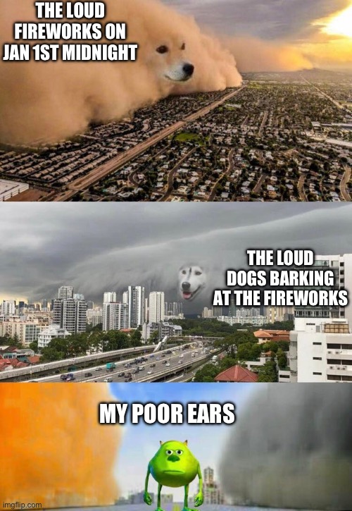 lmao | THE LOUD FIREWORKS ON JAN 1ST MIDNIGHT; THE LOUD DOGS BARKING AT THE FIREWORKS; MY POOR EARS | image tagged in dust doge storms and mikey caught in the middle | made w/ Imgflip meme maker