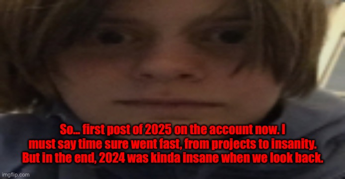 Teasing a project I’m working on soon | So... first post of 2025 on the account now. I must say time sure went fast, from projects to insanity. But in the end, 2024 was kinda insane when we look back. | image tagged in darthswede silly serious face | made w/ Imgflip meme maker