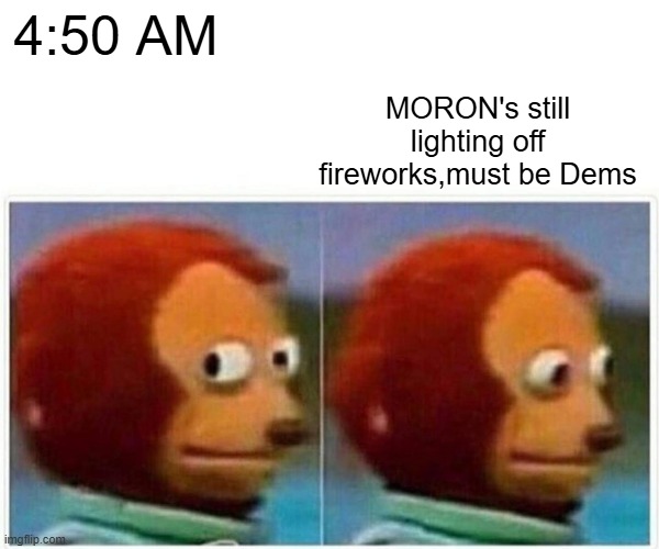 Must be BIDEN voters | 4:50 AM; MORON's still lighting off fireworks,must be Dems | image tagged in memes,monkey puppet | made w/ Imgflip meme maker