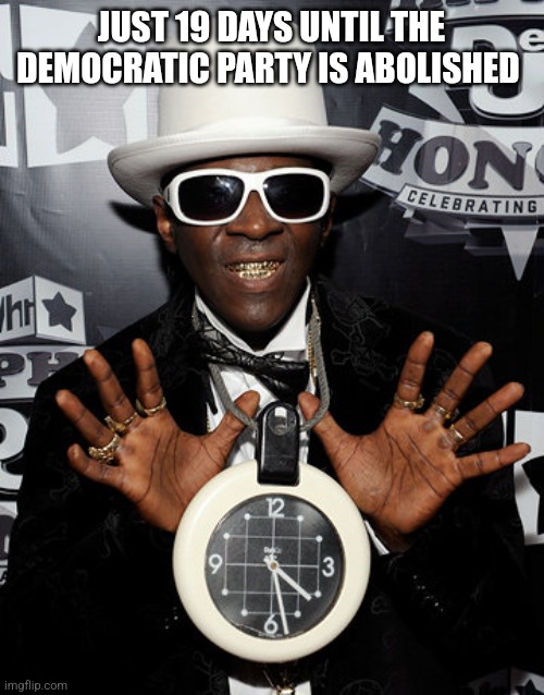 Flava Flav | JUST 19 DAYS UNTIL THE DEMOCRATIC PARTY IS ABOLISHED | image tagged in flava flav,funny memes | made w/ Imgflip meme maker