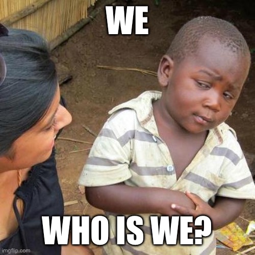 We | WE; WHO IS WE? | image tagged in memes,third world skeptical kid,funny memes,dank memes,cool | made w/ Imgflip meme maker