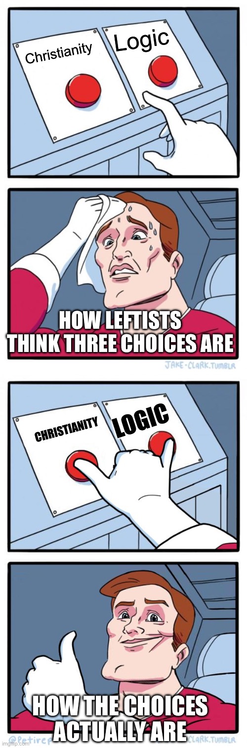 Logic; Christianity; HOW LEFTISTS THINK THREE CHOICES ARE; LOGIC; CHRISTIANITY; HOW THE CHOICES ACTUALLY ARE | image tagged in memes,two buttons,both buttons pressed | made w/ Imgflip meme maker