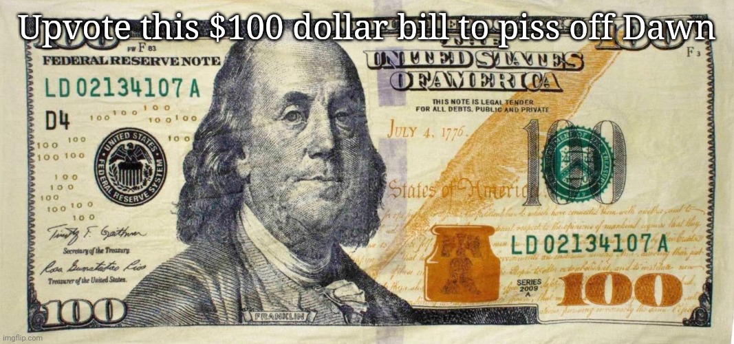 This shit is not it | Upvote this $100 dollar bill to piss off Dawn | image tagged in 100 bill dollar,msmg,memes,money | made w/ Imgflip meme maker