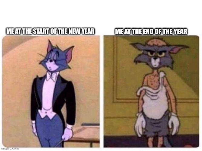 Tom Cat | ME AT THE START OF THE NEW YEAR; ME AT THE END OF THE YEAR | image tagged in tom cat | made w/ Imgflip meme maker