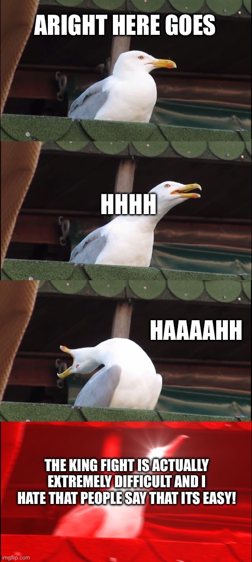 Inhaling Seagull | ARIGHT HERE GOES; HHHH; HAAAAHH; THE KING FIGHT IS ACTUALLY EXTREMELY DIFFICULT AND I HATE THAT PEOPLE SAY THAT ITS EASY! | image tagged in memes,inhaling seagull | made w/ Imgflip meme maker