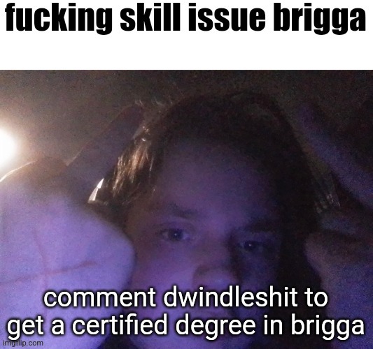 fucking skill issue brigga | comment dwindleshit to get a certified degree in brigga | image tagged in fucking skill issue brigga | made w/ Imgflip meme maker