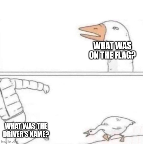 Goose Chase | WHAT WAS ON THE FLAG? WHAT WAS THE DRIVER'S NAME? | image tagged in goose chase | made w/ Imgflip meme maker