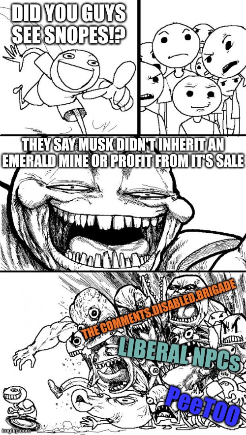 they know so much that simply isn't true | DID YOU GUYS SEE SNOPES!? THEY SAY MUSK DIDN'T INHERIT AN EMERALD MINE OR PROFIT FROM IT'S SALE; THE COMMENTS.DISABLED.BRIGADE; LIBERAL NPCs; PeeTOO | image tagged in memes,hey internet | made w/ Imgflip meme maker