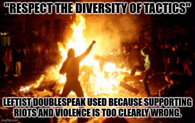 When the left supports terrorism. | "RESPECT THE DIVERSITY OF TACTICS"; LEFTIST DOUBLESPEAK USED BECAUSE SUPPORTING RIOTS AND VIOLENCE IS TOO CLEARLY WRONG. | image tagged in anarchy riot | made w/ Imgflip meme maker