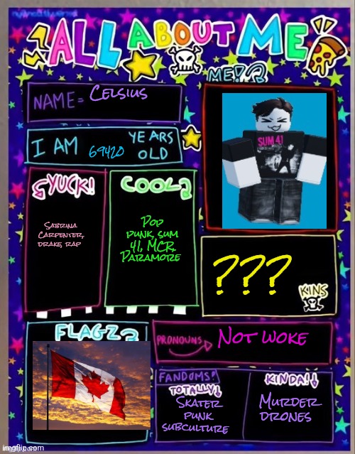 I did the autistic woke thing | Celsius; 69420; Sabrina Carpenter, drake, rap; Pop punk, sum 41, MCR, Paramore; ??? Not woke; Skater punk subculture; Murder drones | image tagged in all about me og temp by jade | made w/ Imgflip meme maker