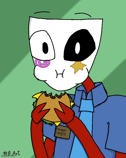 Manager Gangle eating a burger (art by me) | image tagged in manager,burger | made w/ Imgflip meme maker