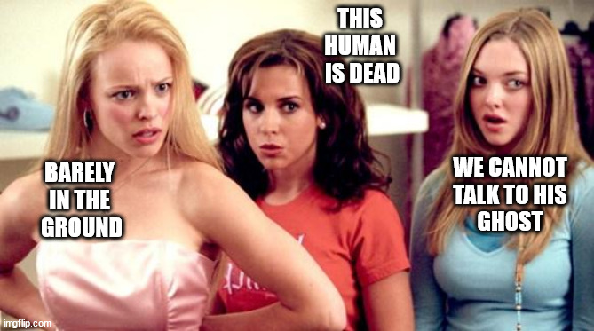 mean girls shocked | THIS 
HUMAN 
IS DEAD BARELY 
IN THE 
GROUND WE CANNOT
 TALK TO HIS 
GHOST | image tagged in mean girls shocked | made w/ Imgflip meme maker