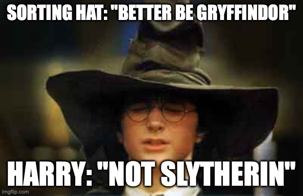 Harry Potter sorting hat | SORTING HAT: "BETTER BE GRYFFINDOR"; HARRY: "NOT SLYTHERIN" | image tagged in harry potter sorting hat | made w/ Imgflip meme maker