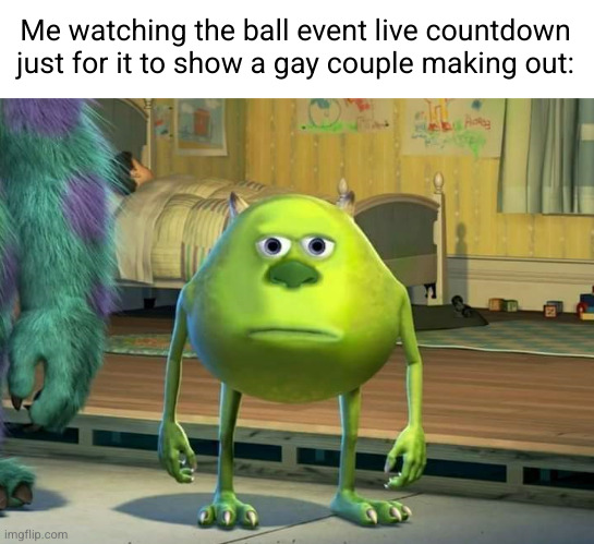 amazing way to start off the new year | Me watching the ball event live countdown just for it to show a gay couple making out: | image tagged in mike wazowski bruh,gay pride,gay,sad,new year,nyc | made w/ Imgflip meme maker