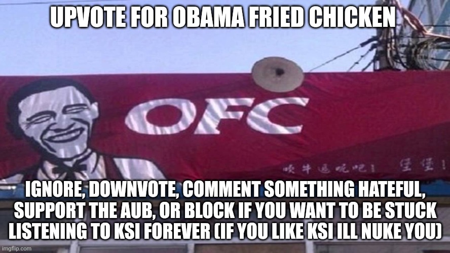 DO IT NOW! | UPVOTE FOR OBAMA FRIED CHICKEN; IGNORE, DOWNVOTE, COMMENT SOMETHING HATEFUL, SUPPORT THE AUB, OR BLOCK IF YOU WANT TO BE STUCK LISTENING TO KSI FOREVER (IF YOU LIKE KSI ILL NUKE YOU) | image tagged in obama fried chicken,obama,upvote,anti aub,chicken,funny | made w/ Imgflip meme maker