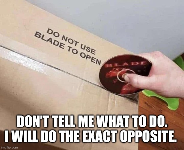 Do not use blade to open | DON’T TELL ME WHAT TO DO. I WILL DO THE EXACT OPPOSITE. | image tagged in blade,movie,directions,opposite,bad pun | made w/ Imgflip meme maker