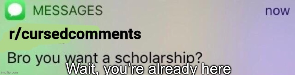 Bro you want a scholarship? (r/cursedcomments version) | Wait, you’re already here | image tagged in bro you want a scholarship r/cursedcomments version | made w/ Imgflip meme maker