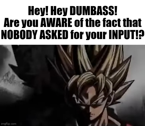 dont mind me just making a temp | Hey! Hey DUMBASS!
Are you AWARE of the fact that NOBODY ASKED for your INPUT!? | image tagged in goku staring | made w/ Imgflip meme maker