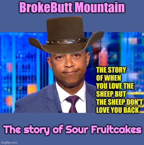 ButtHurt Lemon goes well past his date. This fruitcake has dried up. | BrokeButt Mountain; THE STORY OF WHEN YOU LOVE THE SHEEP BUT THE SHEEP DON'T LOVE YOU BACK; The story of Sour Fruitcakes | image tagged in don lemon | made w/ Imgflip meme maker