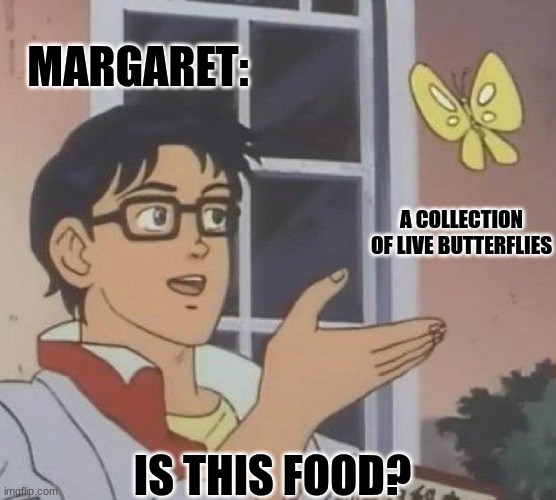 is this butterfly | MARGARET:; A COLLECTION OF LIVE BUTTERFLIES; IS THIS FOOD? | image tagged in is this butterfly | made w/ Imgflip meme maker