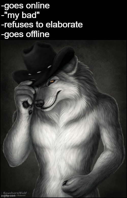 Sigma lone wolf | -goes online
-"my bad"
-refuses to elaborate
-goes offline | image tagged in sigma lone wolf | made w/ Imgflip meme maker