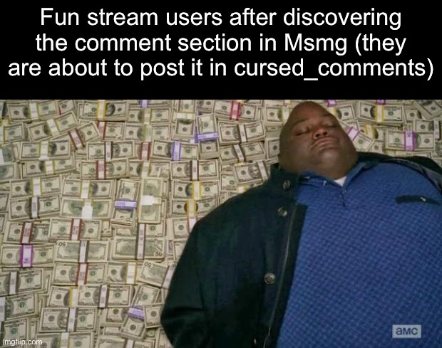 Honestly, Msmg is not a good place to farm comments | Fun stream users after discovering the comment section in Msmg (they are about to post it in cursed_comments) | image tagged in huell money,msmg | made w/ Imgflip meme maker