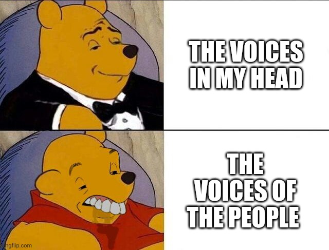 Head | THE VOICES IN MY HEAD; THE VOICES OF THE PEOPLE | image tagged in tuxedo winnie the pooh grossed reverse | made w/ Imgflip meme maker