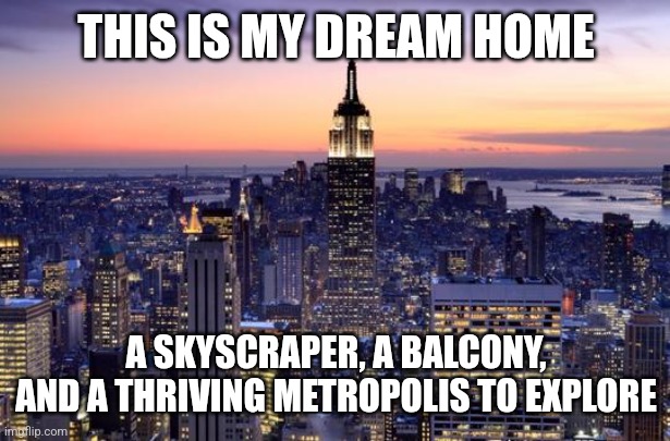 My dream home | THIS IS MY DREAM HOME; A SKYSCRAPER, A BALCONY, AND A THRIVING METROPOLIS TO EXPLORE | image tagged in new york city | made w/ Imgflip meme maker