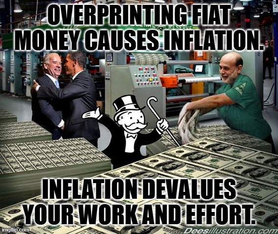 Federal reserve bankers printing fiat money | OVERPRINTING FIAT MONEY CAUSES INFLATION. INFLATION DEVALUES YOUR WORK AND EFFORT. | image tagged in federal reserve bankers printing fiat money | made w/ Imgflip meme maker