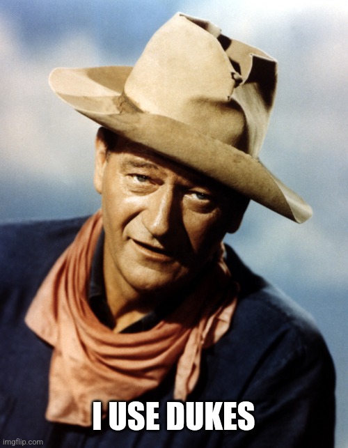 John Wayne | I USE DUKES | image tagged in john wayne | made w/ Imgflip meme maker